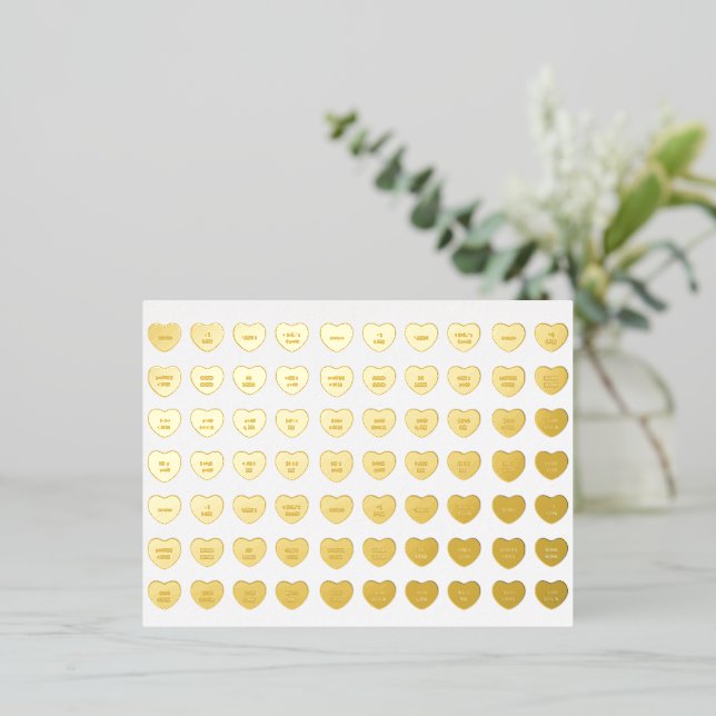 Cute girly fun custom conversation candy hearts foil holiday postcard (Standing Front)