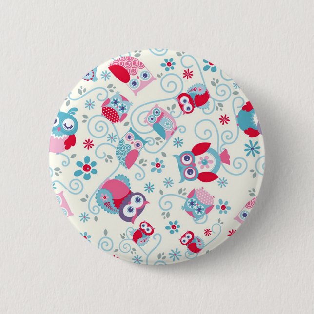cute girly funny faces owls flowers swirls pattern 2 inch round button (Front)