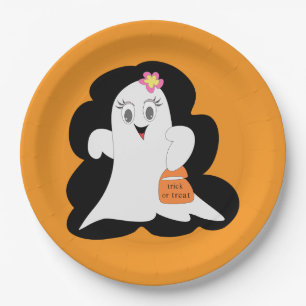 Cute Girly Ghost Halloween Trick or Treat Paper Plate