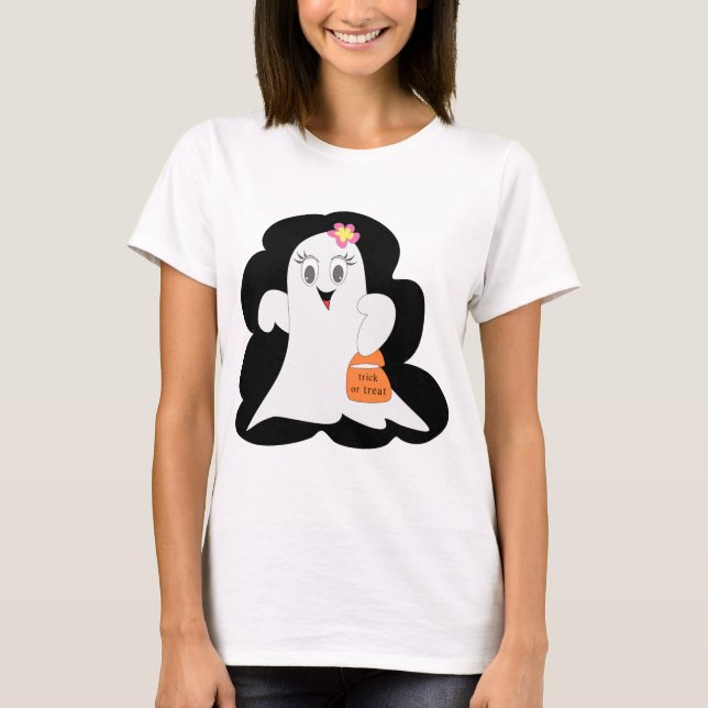 Cute Girly Ghost Halloween Trick or Treat T-Shirt (Front)