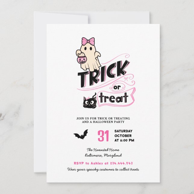 Cute Girly Ghost Trick or Treat Halloween Cat Pink Invitation (Front)