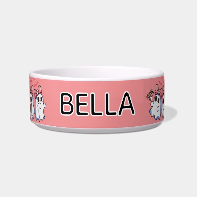 Cute Girly Ghosts with Bows Halloween Cat Feeding Bowl (Front)