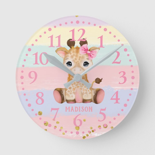 Cute  Girly Giraffe Rainbow Round Clock (Front)