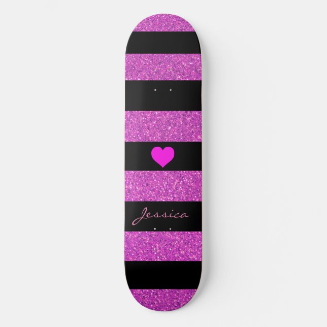 Cute Girly Glitter Pink Black Stripes Custom Name Skateboard (Front)