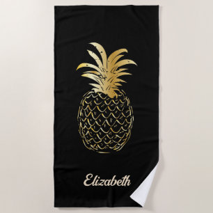 Cute Girly Gold and black Pineapple - Personalized Beach Towel
