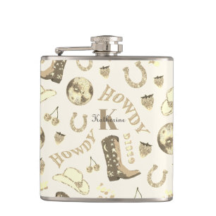 Cute Girly Gold Beige Disco Cowgirl Name Monogram Hip Flask