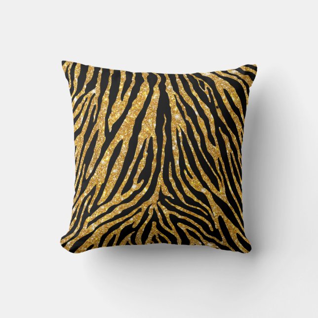 Cute Girly Gold Faux Glitter Zebra Black Pattern Throw Pillow (Front)