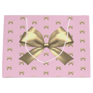 Cute Girly Gold Satin Aesthetic Bow on Pink Large Gift Bag
