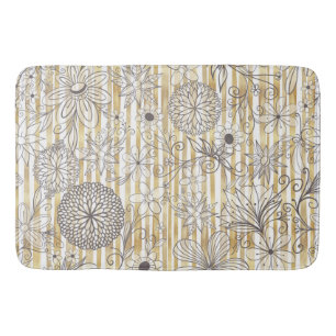 Cute Girly Gray Floral Doodles Gold Stripes Design Bath Mat