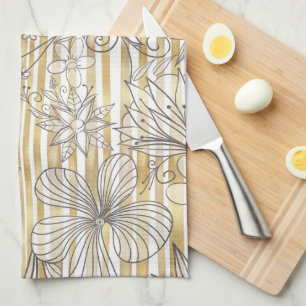 Cute Girly Gray Floral Doodles Gold Stripes Design Kitchen Towel