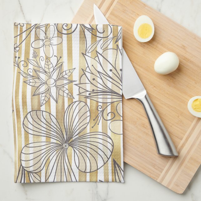 Cute Girly Gray Floral Doodles Gold Stripes Design Kitchen Towel (Quarter Fold)