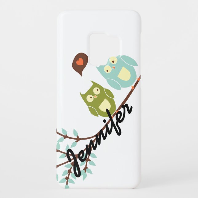 Cute Girly, Green and Blue Owls with Your Name Case-Mate Samsung Galaxy Case (Back)