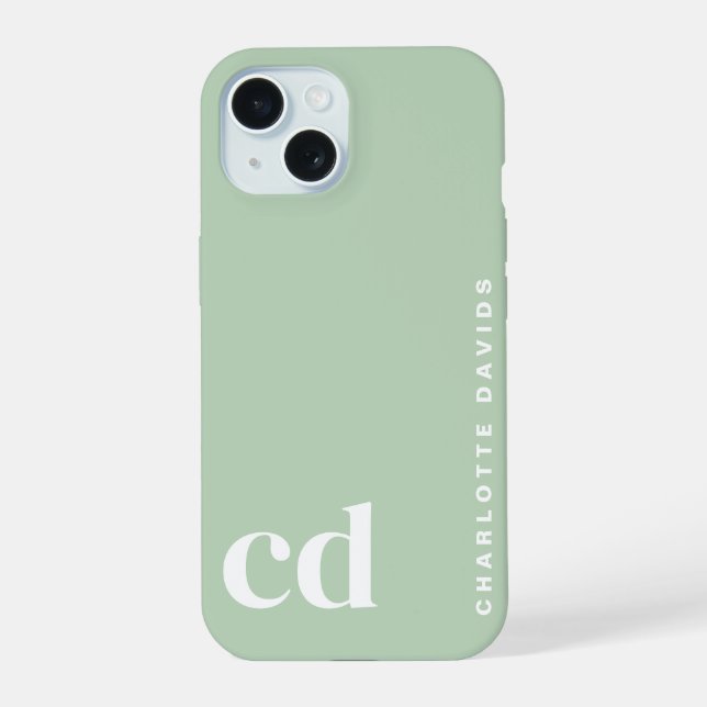Cute Girly Green Monogram iPhone 15 Case (Back)