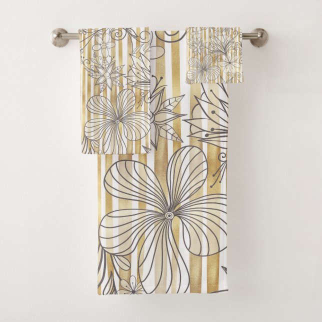 Cute Girly Grey Floral Doodles Gold Stripes Design Bath Towel Set (Insitu)