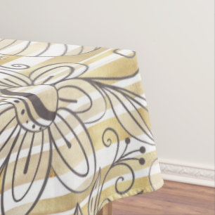Cute Girly Grey Floral Doodles Gold Stripes Design Tablecloth