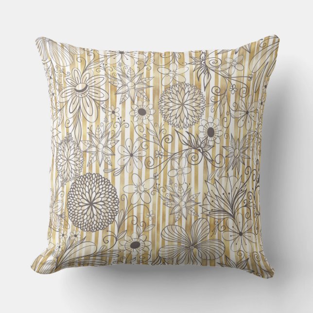 Cute Girly Grey Floral Doodles Gold Stripes Design Throw Pillow (Front)