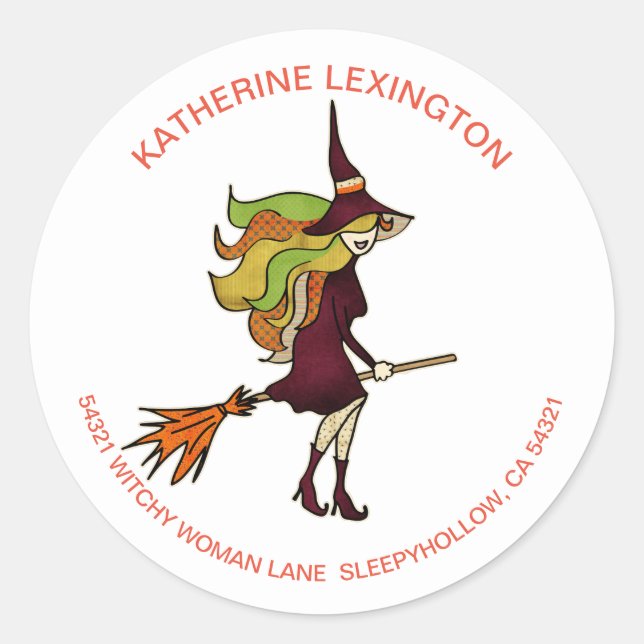 Cute Girly Halloween Witch Broomstick Address Classic Round Sticker (Front)