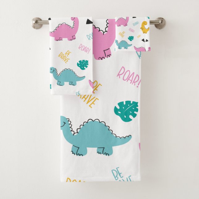 Cute Girly Hand-drawn Dinosaur Pattern Bath Towel Set (Insitu)