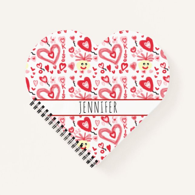 Cute Girly Heart Doodle Red Pink Personalized Notebook (Front)