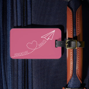 Cute Girly Heart Paper Plane Adventure Awaits Pink Luggage Tag