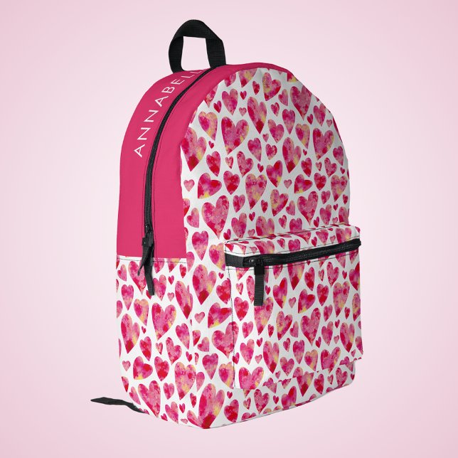 Cute Girly Heart Printed Backpack (Pink heart girly back pack.  Customize with your own name or choice of text. Perfect for school.)