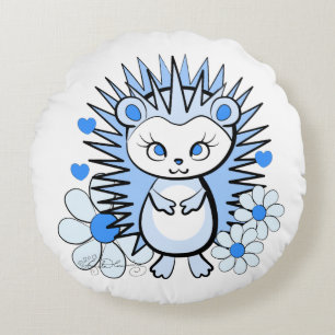 Cute Girly Hedgehog Lt Blue Round Pillow