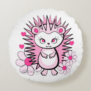 Cute Girly Hedgehog Pink Round Pillow