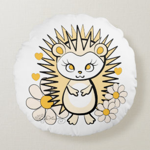 Cute Girly Hedgehog Yellow Round Pillow