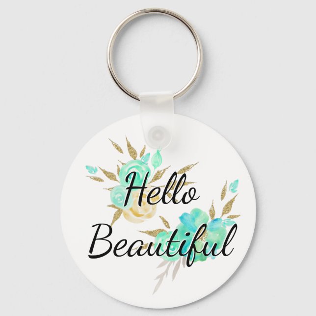 Cute Girly Hello Beautiful Gold & Blue Floral Keychain (Front)