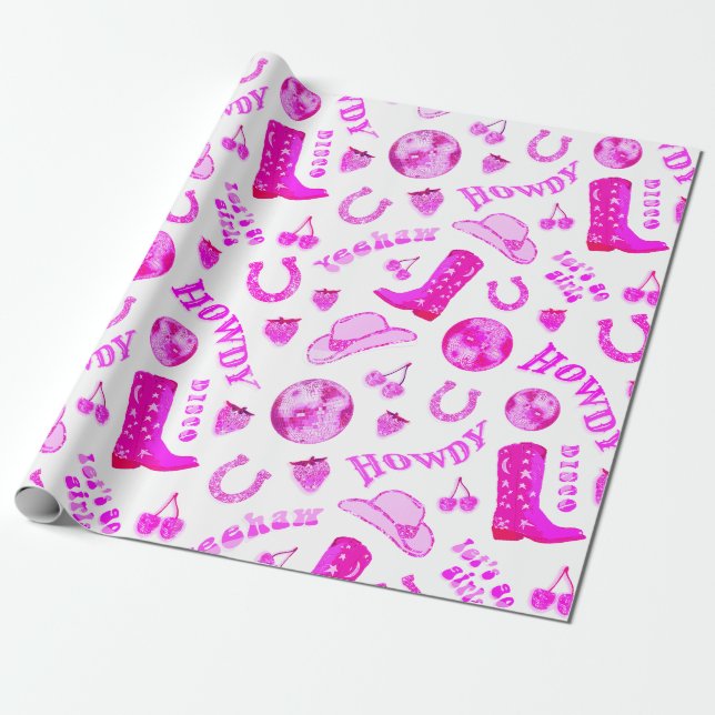 Cute Girly Hot Pink Disco Cowgirl Aesthetic Wrapping Paper (Unrolled)