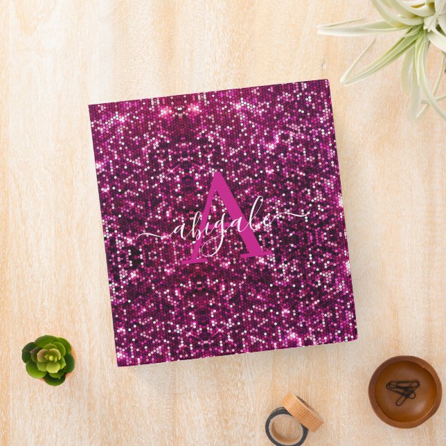 Cute Girly Hot Pink Glitter Sequins Monogrammed Binder (In Situ)