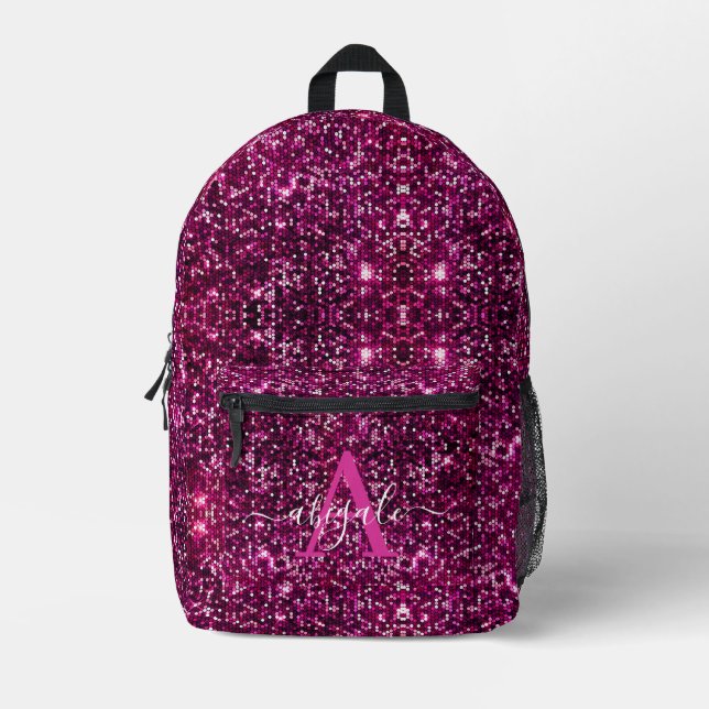 Cute Girly Hot Pink Glitter Sequins Monogrammed Printed Backpack (Front)