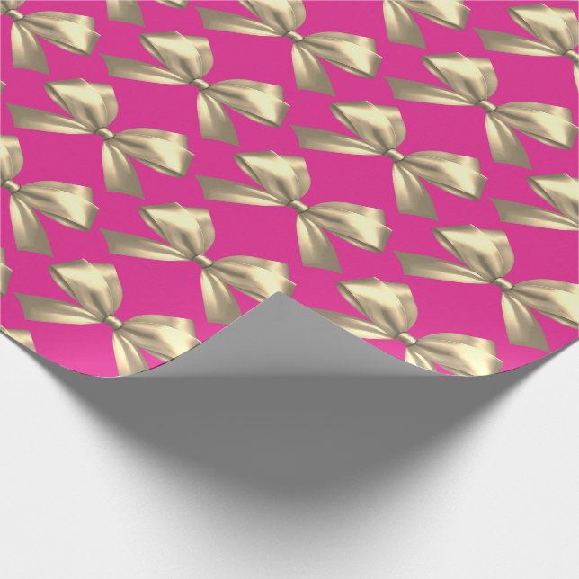 Cute Girly Hot Pink Gold Satin Aesthetic Bow Wrapping Paper (Corner)