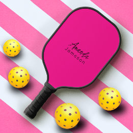 Cute Girly Hot Pink Monogrammed Full Name Womens Pickleball Paddle