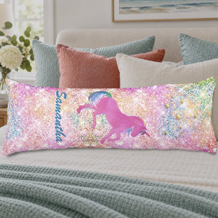 Cute girly hot Pink Rainbow unicorn Glitter Body Pillow