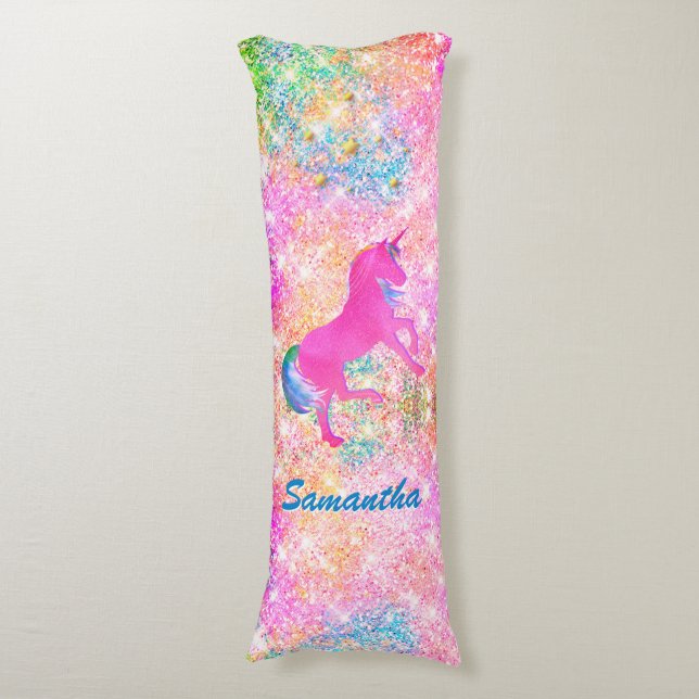 Cute girly hot Pink Rainbow unicorn Glitter Body Pillow (Front Vertical)