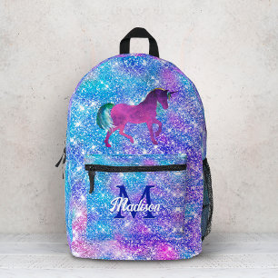 Cute girly iridescent unicorn blue purple glitter printed backpack