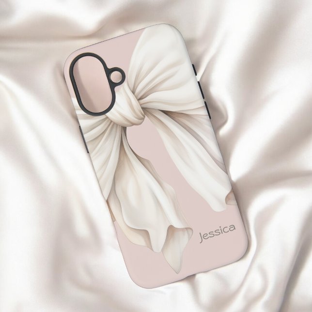 Cute Girly Ivory White Bow on Pink with Name Case-Mate iPhone Case (Personalize with your name or other desired text.)