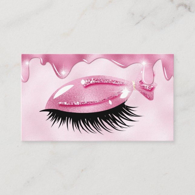 Cute Girly Lashes Pink Glitter Drips Business Card (Front)