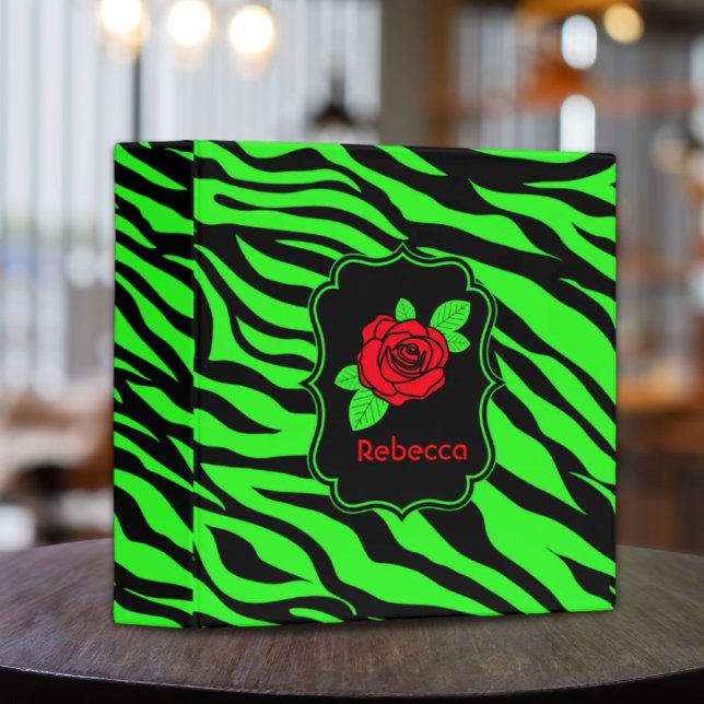 cute girly Lime green zebra print red rose Binder (cute girly Lime green zebra print red rose 3 Ring Binder)