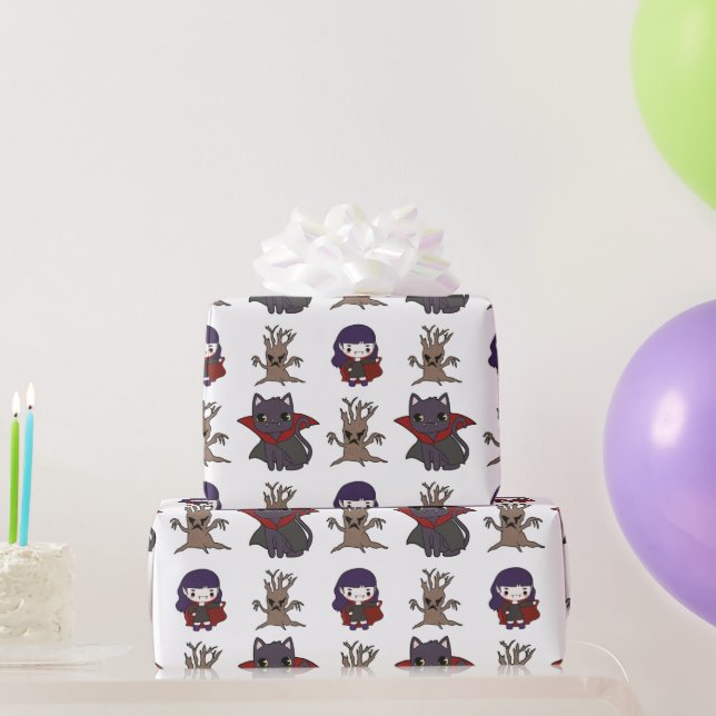 Cute Girly Little Witch Cat & Tree Halloween Gift Wrapping Paper (Party Gifts)