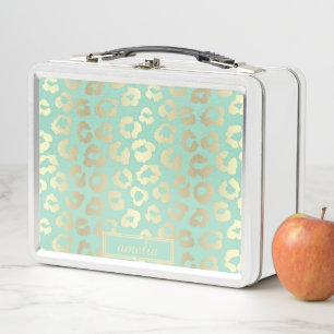 Cute Girly Mint Green Gold Leopard Print Custom Metal Lunch Box