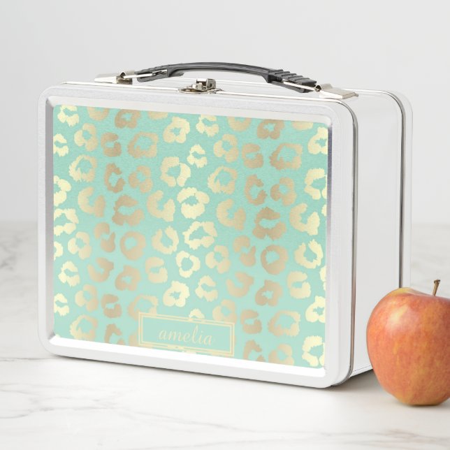 Cute Girly Mint Green Gold Leopard Print Custom Metal Lunch Box (In Situ)