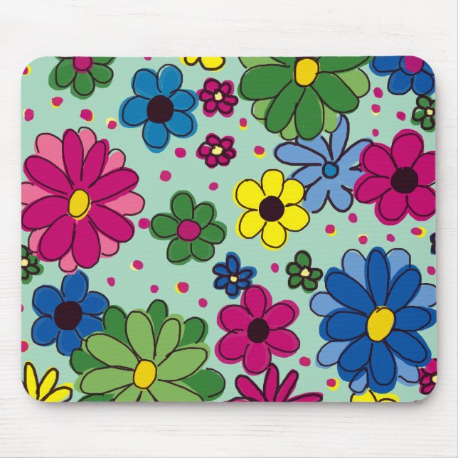 Cute, Girly Mint Green with Colourful Floral Mouse Pad (Front)