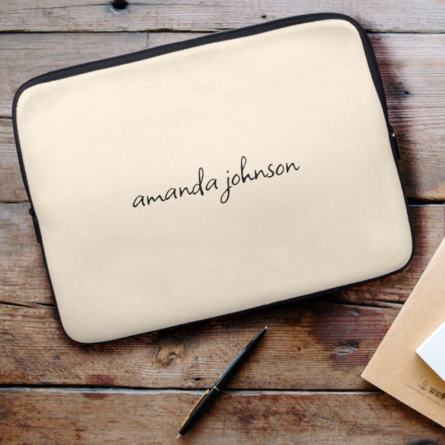 Cute Girly Modern Beige Monogram Cursive Full Name Laptop Sleeve (Creator Uploaded)