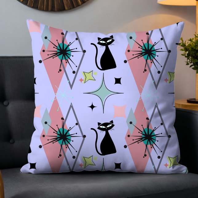 Cute Girly Modern Mid-Century Stars & Cat Blue Throw Pillow (Creator Uploaded)