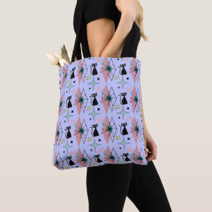 Cute Girly Modern Mid-Century Stars & Cat Blue Tote Bag