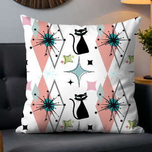 Cute Girly Modern Mid-Century Stars & Cat White Throw Pillow