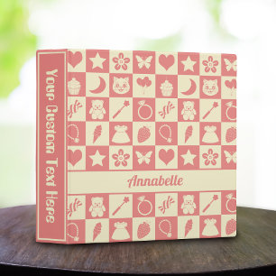 Cute Girly Modern Pink Chequered Icons Pattern Binder