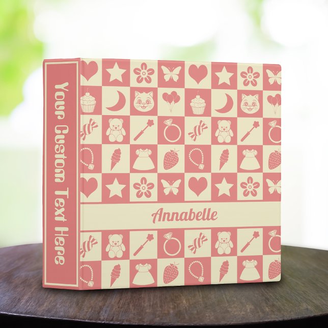 Cute Girly Modern Pink Chequered Icons Pattern Binder (Creator Uploaded)